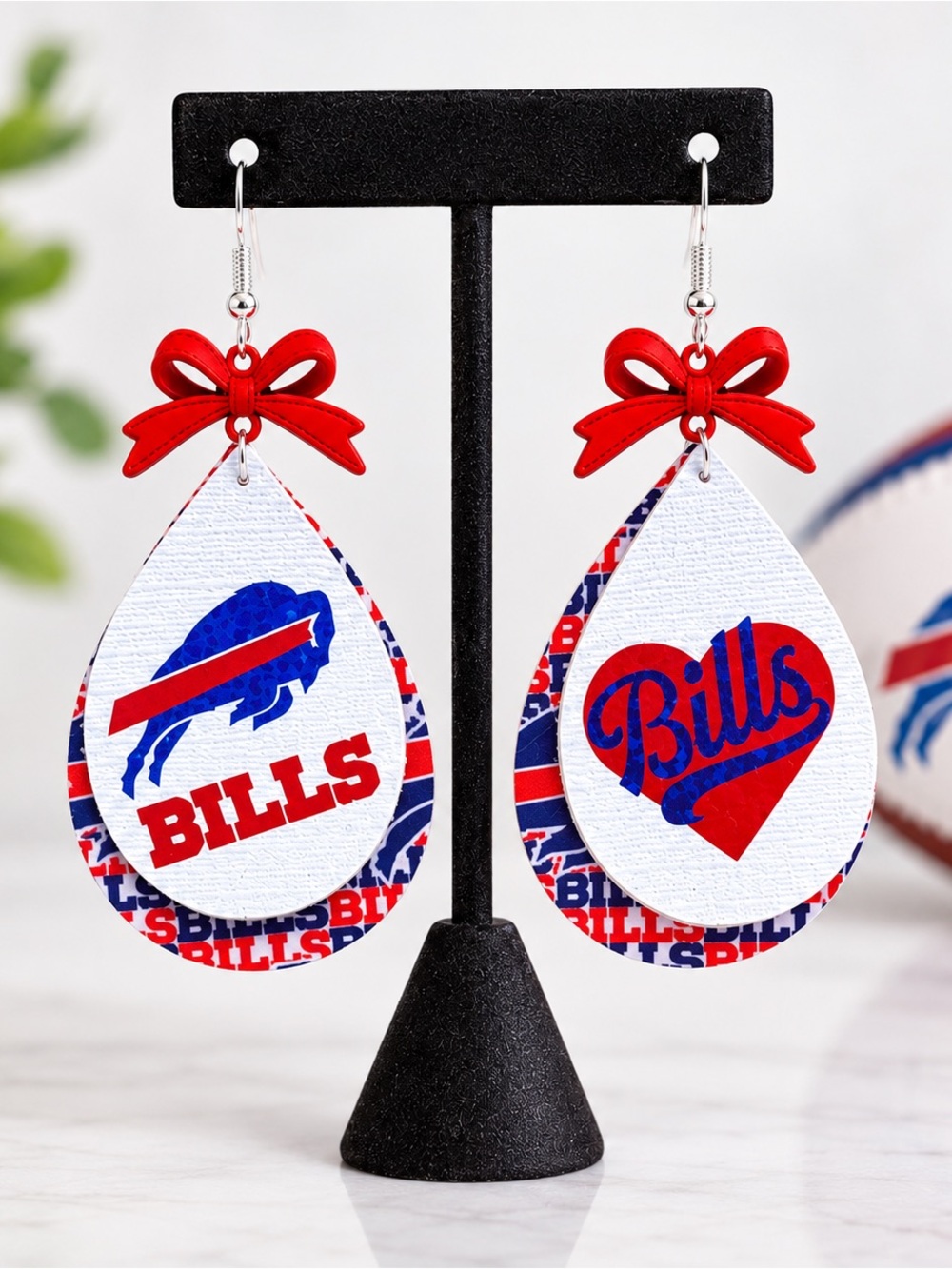 Red & White Buffalo Team Drop Earrings with Bow Accent